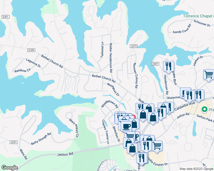 map of restaurants, bars, coffee shops, grocery stores, and more near 20325 Northport Dr in Cornelius
