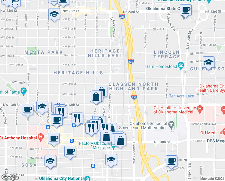 map of restaurants, bars, coffee shops, grocery stores, and more near 1508 North Broadway Avenue in Oklahoma City