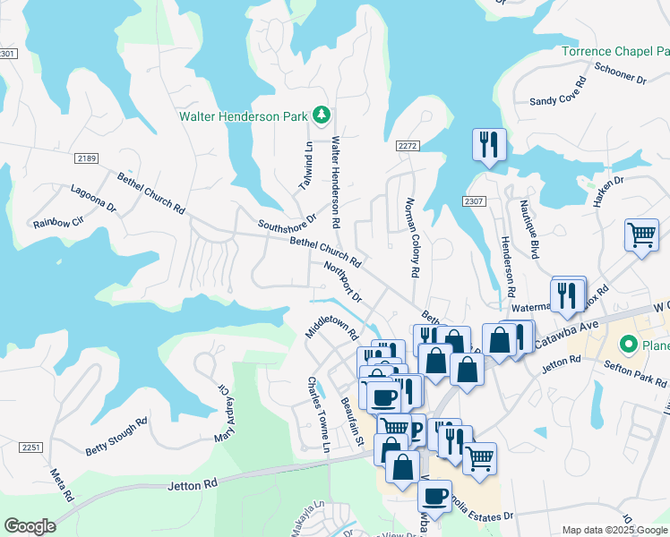 map of restaurants, bars, coffee shops, grocery stores, and more near 20309 Northport Drive in Cornelius