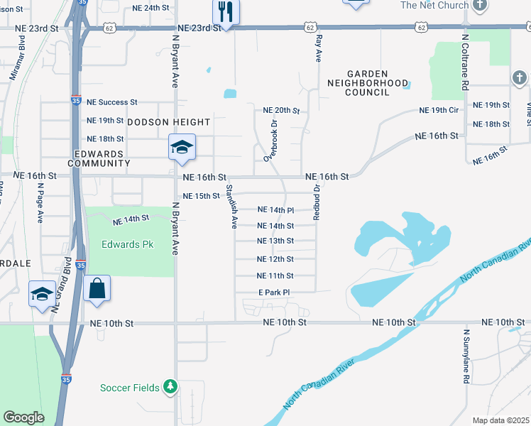 map of restaurants, bars, coffee shops, grocery stores, and more near 3208 Northeast 14th Place in Oklahoma City