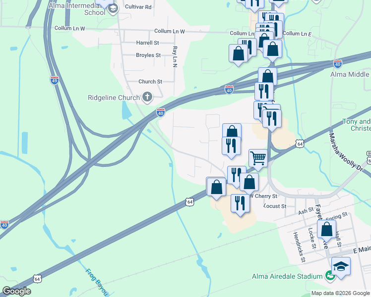 map of restaurants, bars, coffee shops, grocery stores, and more near 136 Rudy Road in Alma