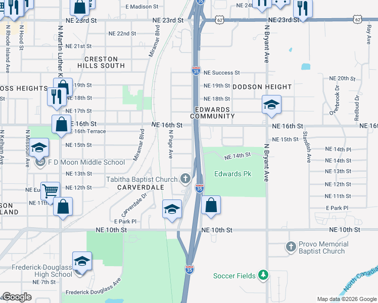 map of restaurants, bars, coffee shops, grocery stores, and more near 1501 Northeast Grand Boulevard in Oklahoma City