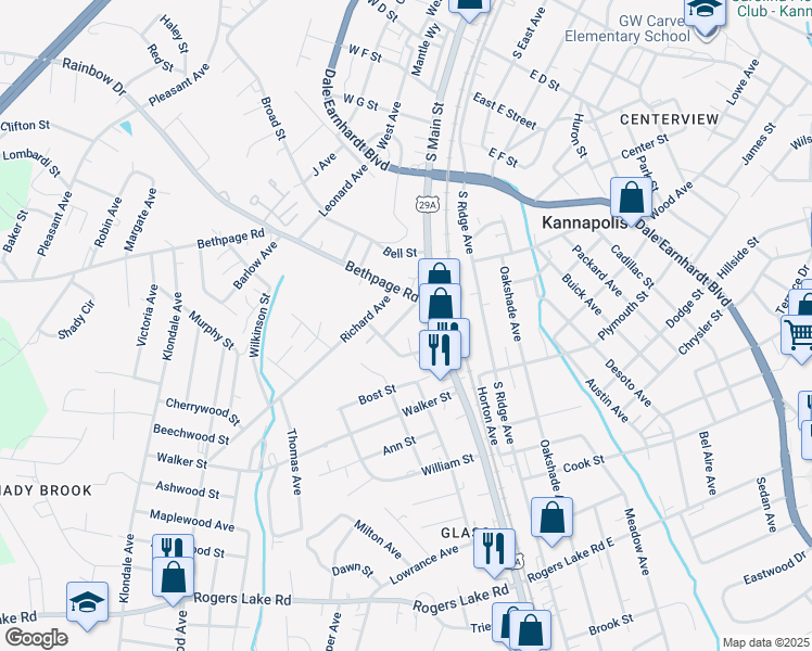 map of restaurants, bars, coffee shops, grocery stores, and more near 809 Aileen Avenue in Kannapolis