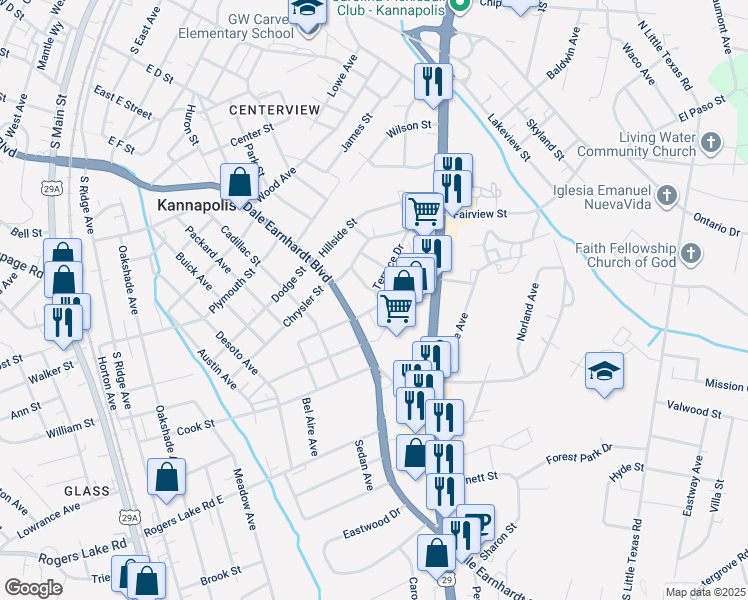 map of restaurants, bars, coffee shops, grocery stores, and more near 707 Chapel Street in Kannapolis