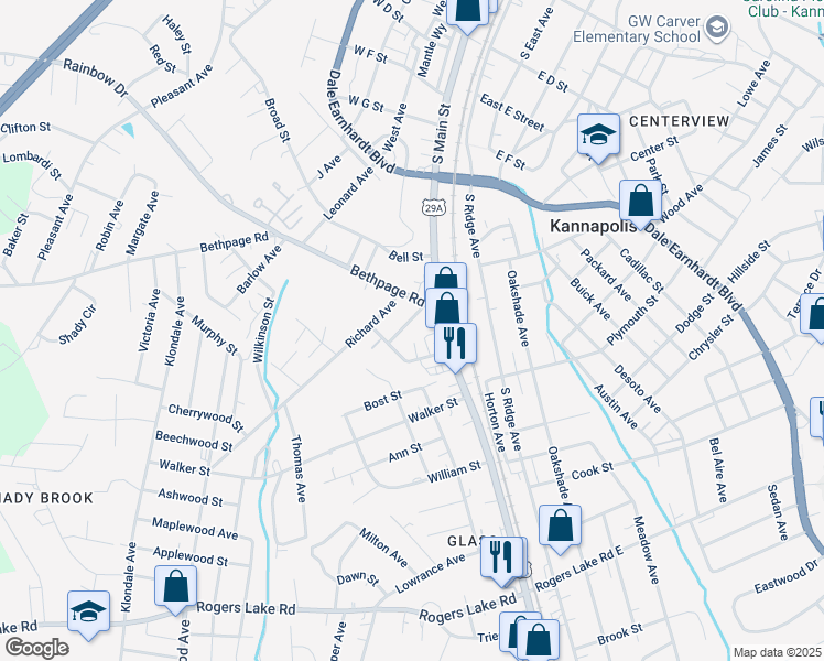 map of restaurants, bars, coffee shops, grocery stores, and more near 809 Aileen Avenue in Kannapolis
