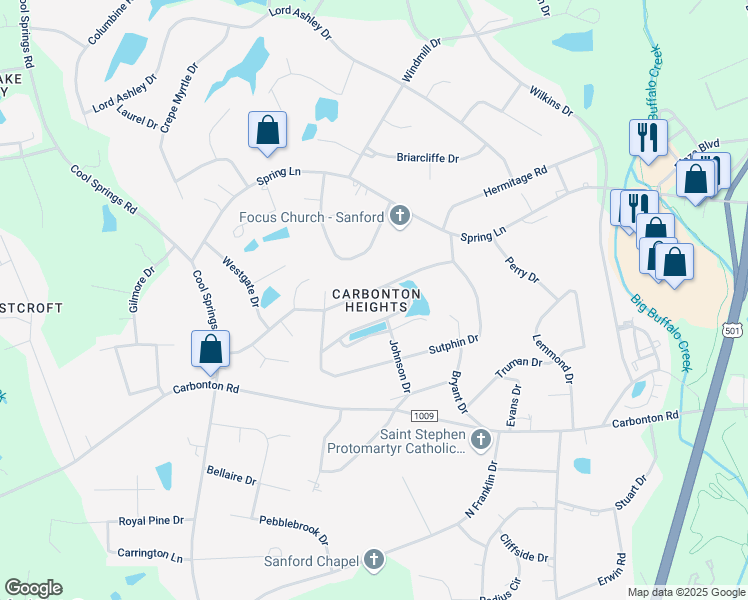 map of restaurants, bars, coffee shops, grocery stores, and more near 2111 Knollwood Drive in Sanford