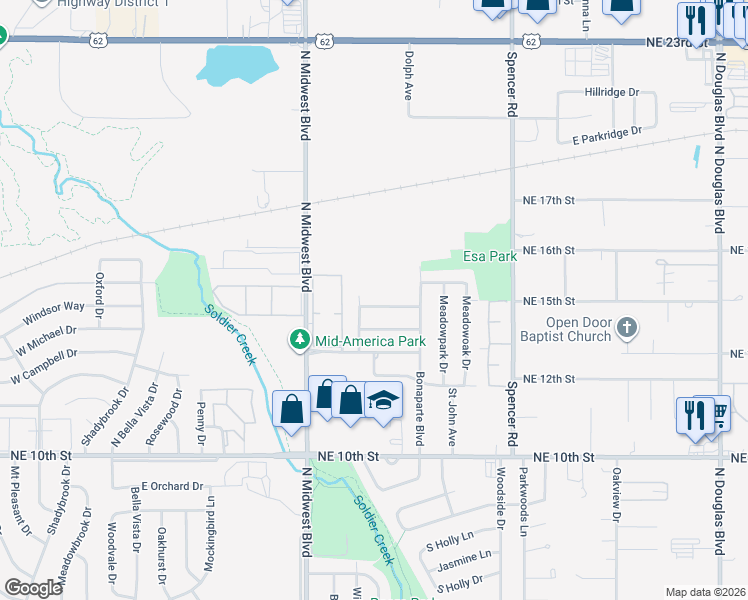 map of restaurants, bars, coffee shops, grocery stores, and more near 801 Meadowgreen Drive in Midwest City