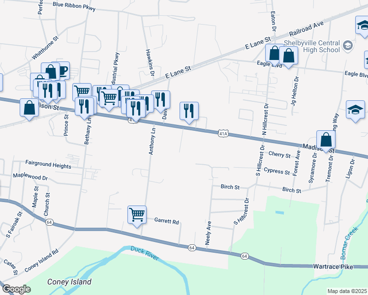 map of restaurants, bars, coffee shops, grocery stores, and more near 113 Hay Street in Shelbyville