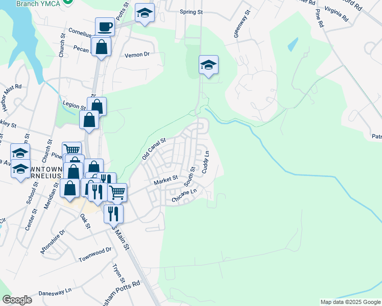 map of restaurants, bars, coffee shops, grocery stores, and more near 1147 Brighton Lane in Cornelius