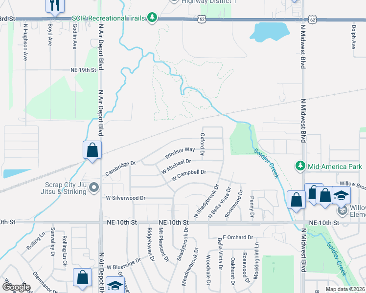 map of restaurants, bars, coffee shops, grocery stores, and more near 239 Windsor Way in Midwest City