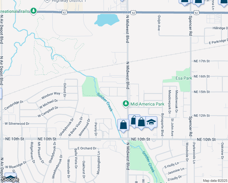 map of restaurants, bars, coffee shops, grocery stores, and more near 1401 North Midwest Boulevard in Midwest City