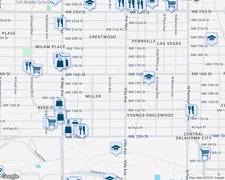 map of restaurants, bars, coffee shops, grocery stores, and more near 2541 Northwest 14th Street in Oklahoma City