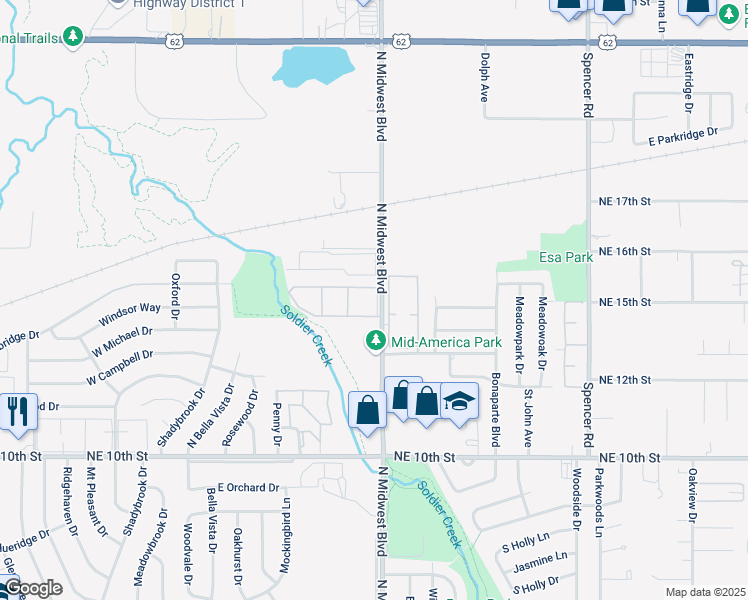 map of restaurants, bars, coffee shops, grocery stores, and more near 1403 North Midwest Boulevard in Midwest City