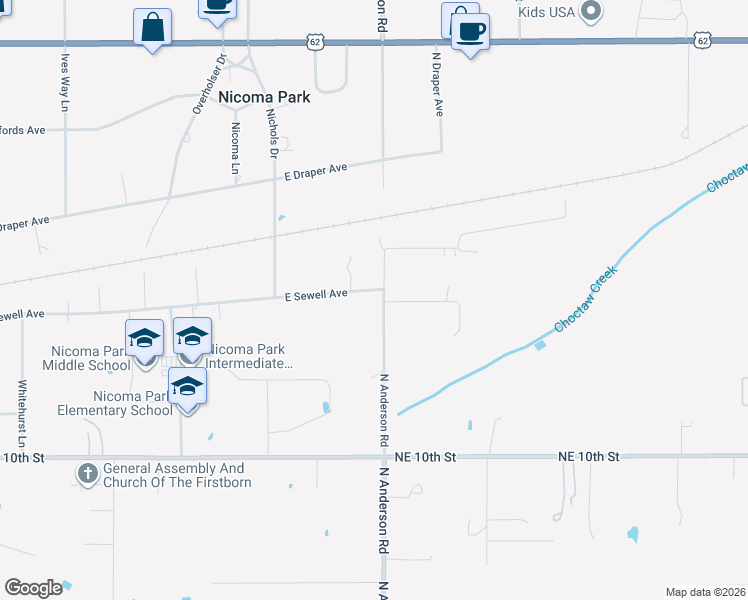 map of restaurants, bars, coffee shops, grocery stores, and more near 1515 N Anderson Rd in Choctaw