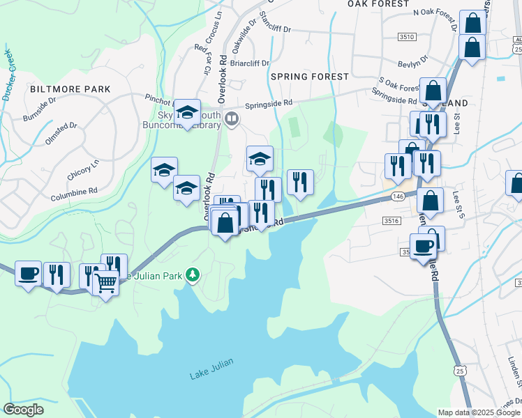 map of restaurants, bars, coffee shops, grocery stores, and more near 66 Long Shoals Road in Asheville