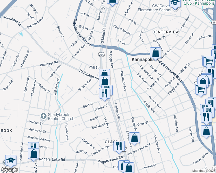 map of restaurants, bars, coffee shops, grocery stores, and more near 827 South Main Street in Kannapolis