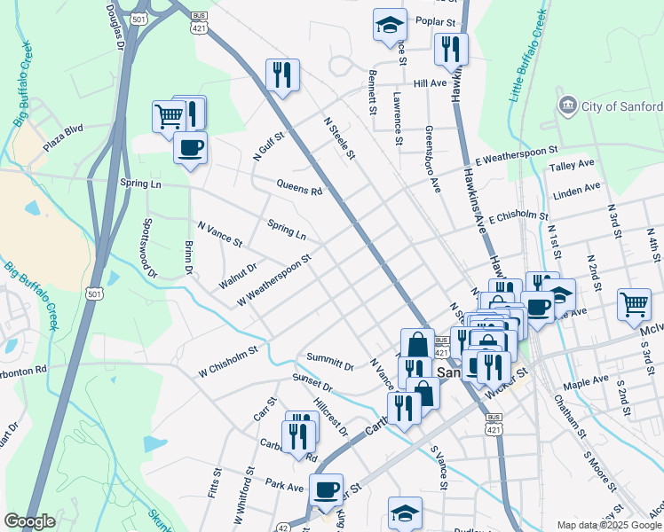 map of restaurants, bars, coffee shops, grocery stores, and more near 503 North Gulf Street in Sanford