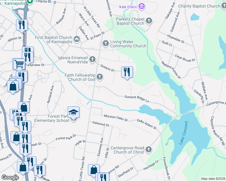map of restaurants, bars, coffee shops, grocery stores, and more near 1631 Summit Ridge Lane in Kannapolis