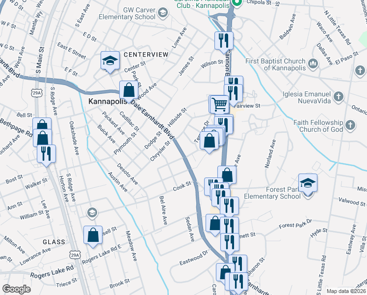 map of restaurants, bars, coffee shops, grocery stores, and more near 611 Terrace Drive in Kannapolis