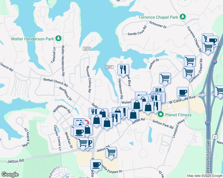 map of restaurants, bars, coffee shops, grocery stores, and more near 19827 Henderson Road in Cornelius