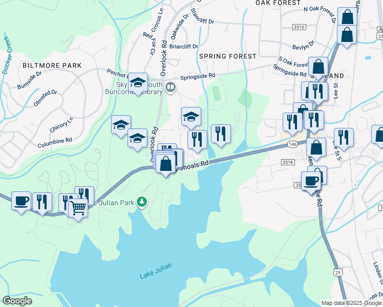 map of restaurants, bars, coffee shops, grocery stores, and more near 72 Long Shoals Road in Arden