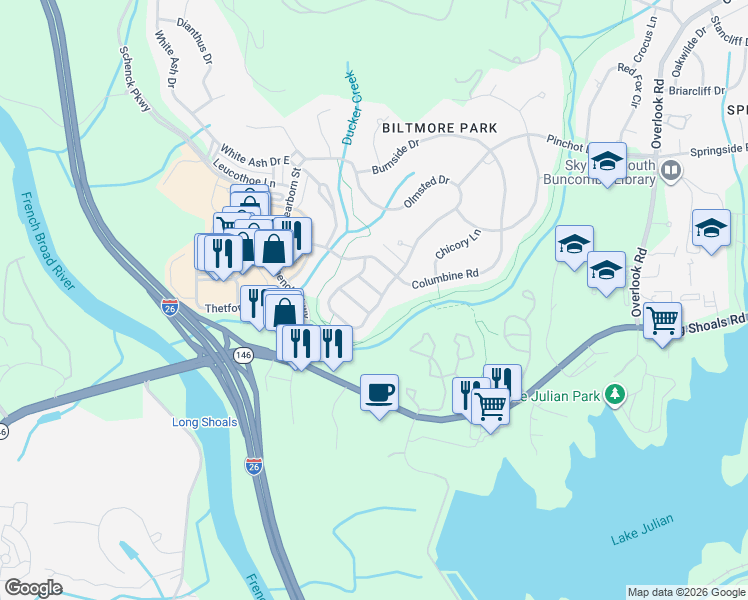 map of restaurants, bars, coffee shops, grocery stores, and more near 1310 Heathbrook Circle in Asheville