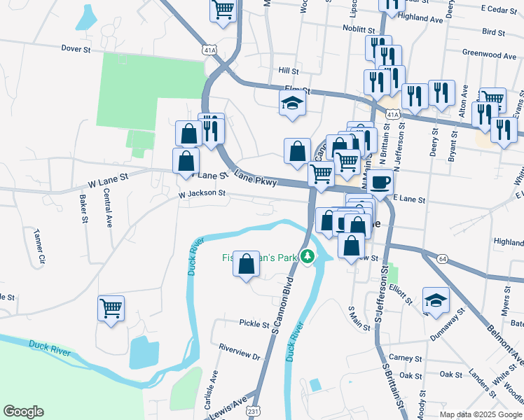 map of restaurants, bars, coffee shops, grocery stores, and more near 6 South Cannon Boulevard in Shelbyville