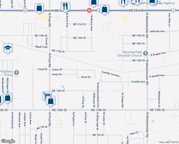 map of restaurants, bars, coffee shops, grocery stores, and more near 10412 Caton Place in Midwest City