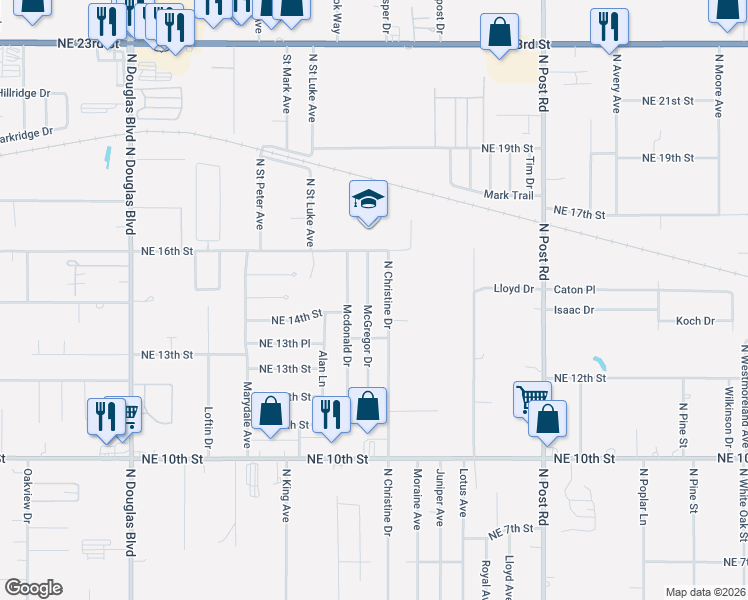 map of restaurants, bars, coffee shops, grocery stores, and more near 1508 McGregor Drive in Midwest City
