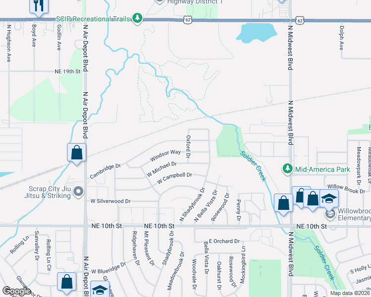 map of restaurants, bars, coffee shops, grocery stores, and more near 207 Windsor Way in Midwest City