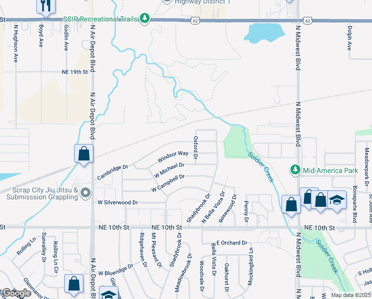 map of restaurants, bars, coffee shops, grocery stores, and more near 207 Windsor Way in Midwest City