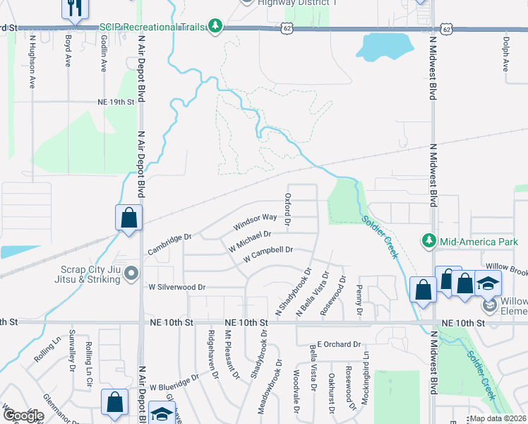 map of restaurants, bars, coffee shops, grocery stores, and more near 239 Windsor Way in Midwest City