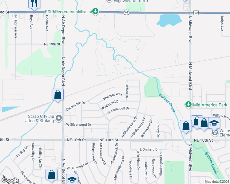 map of restaurants, bars, coffee shops, grocery stores, and more near 239 Windsor Way in Midwest City