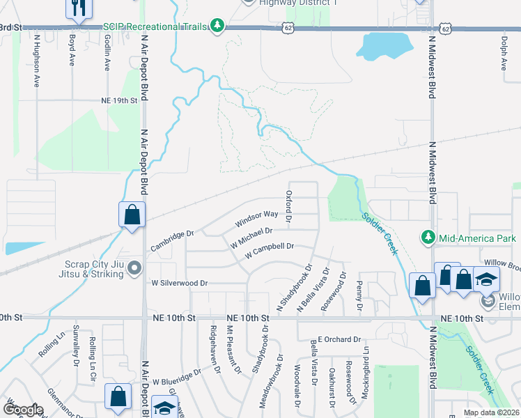 map of restaurants, bars, coffee shops, grocery stores, and more near 239 Windsor Way in Midwest City