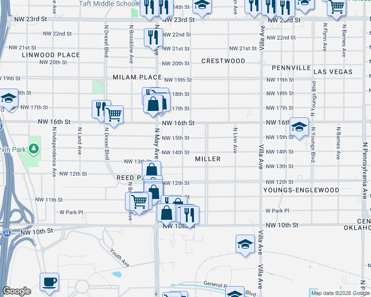 map of restaurants, bars, coffee shops, grocery stores, and more near 2731 Northwest 14th Street in Oklahoma City