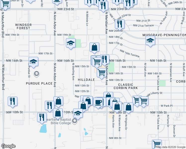 map of restaurants, bars, coffee shops, grocery stores, and more near 1500 North Harvard Avenue in Oklahoma City