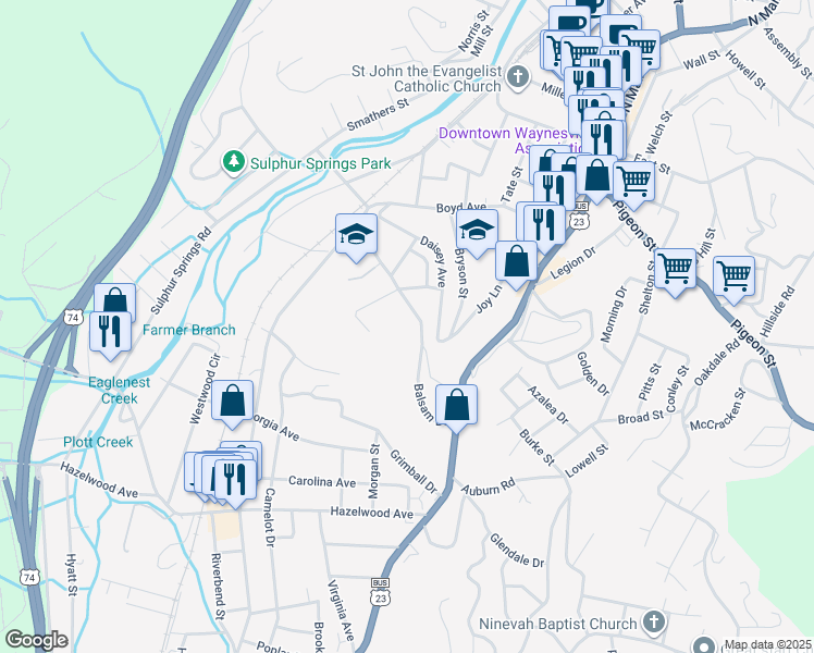map of restaurants, bars, coffee shops, grocery stores, and more near 275 Balsam Drive in Waynesville