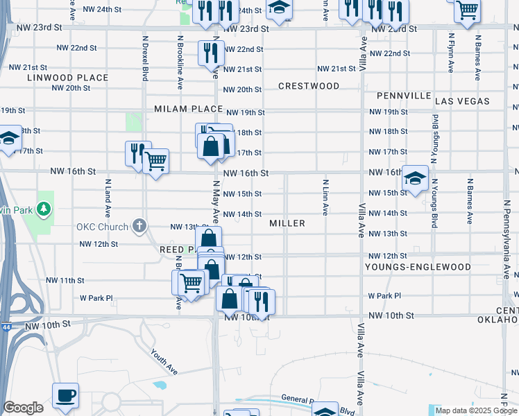 map of restaurants, bars, coffee shops, grocery stores, and more near 2731 Northwest 14th Street in Oklahoma City