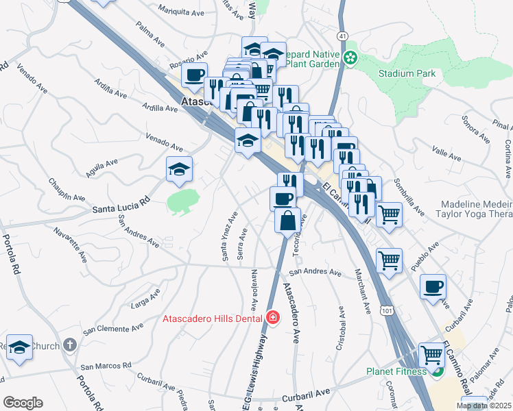 map of restaurants, bars, coffee shops, grocery stores, and more near 6383 Santa Ynez Avenue in Atascadero