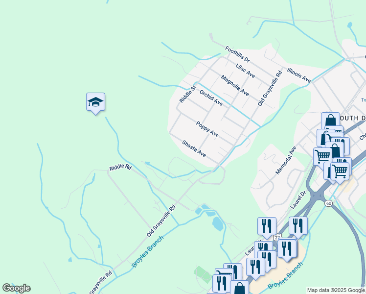 map of restaurants, bars, coffee shops, grocery stores, and more near 289 Shasta Ave in Dayton