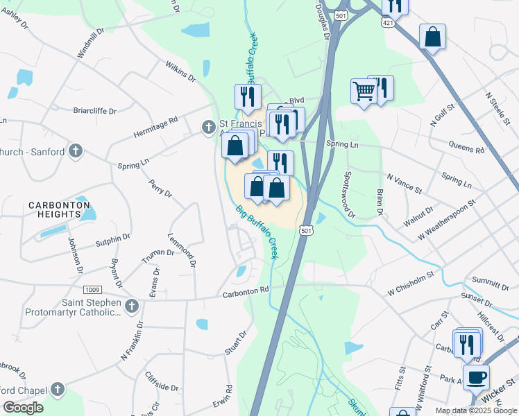map of restaurants, bars, coffee shops, grocery stores, and more near 1041 Spring Lane in Sanford