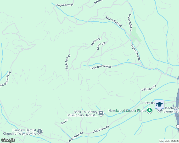 map of restaurants, bars, coffee shops, grocery stores, and more near 525 Little Mountain Road in Waynesville