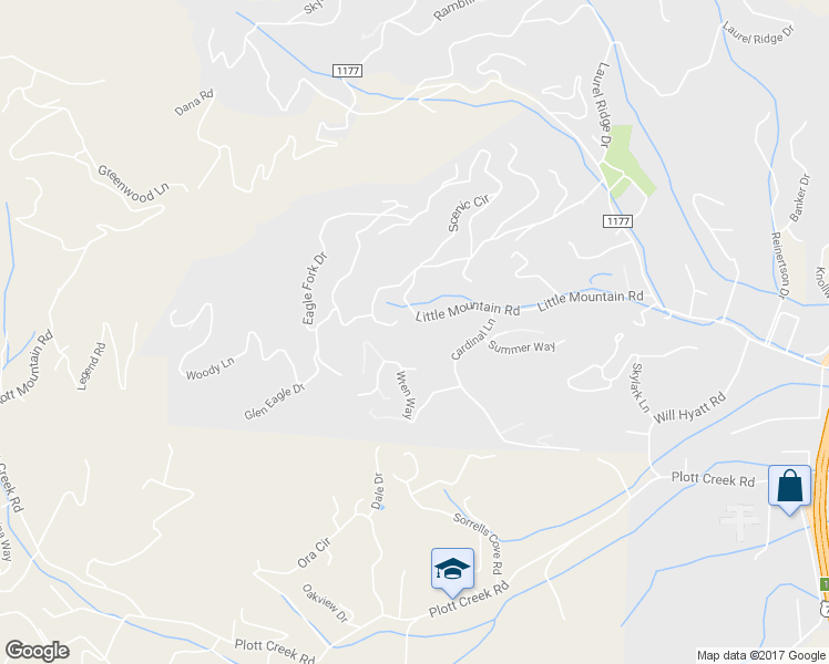 map of restaurants, bars, coffee shops, grocery stores, and more near 525 Little Mountain Road in Waynesville