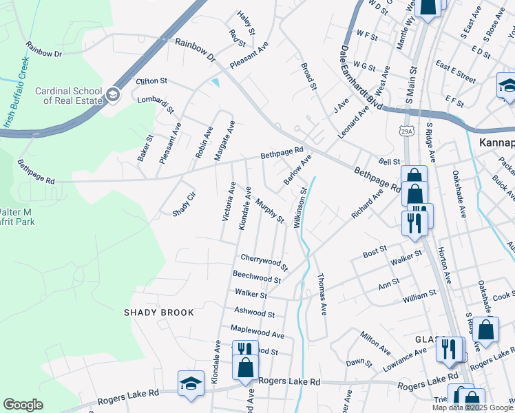 map of restaurants, bars, coffee shops, grocery stores, and more near 837 Murphy Street in Kannapolis