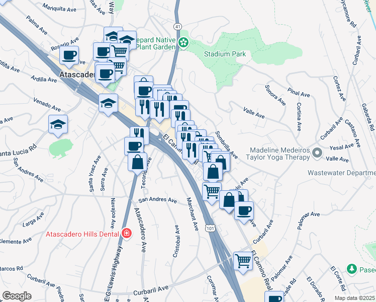map of restaurants, bars, coffee shops, grocery stores, and more near 7305 El Camino Real in Atascadero