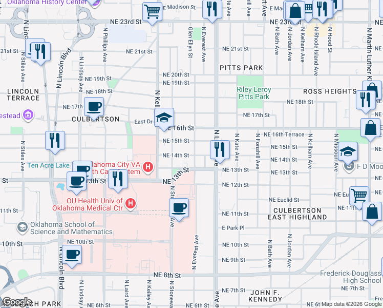 map of restaurants, bars, coffee shops, grocery stores, and more near 1213 Northeast 14th Street in Oklahoma City