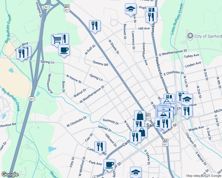 map of restaurants, bars, coffee shops, grocery stores, and more near 503 North Gulf Street in Sanford