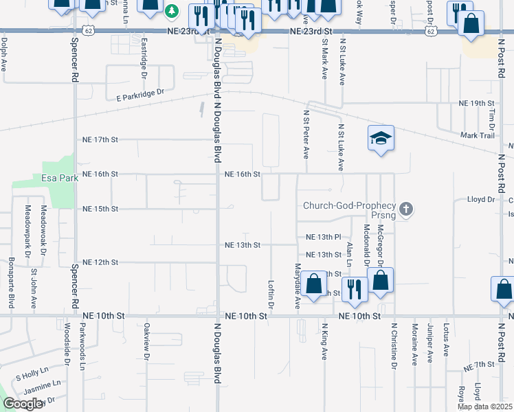 map of restaurants, bars, coffee shops, grocery stores, and more near 9104 Northeast Jennifer Place in Oklahoma City