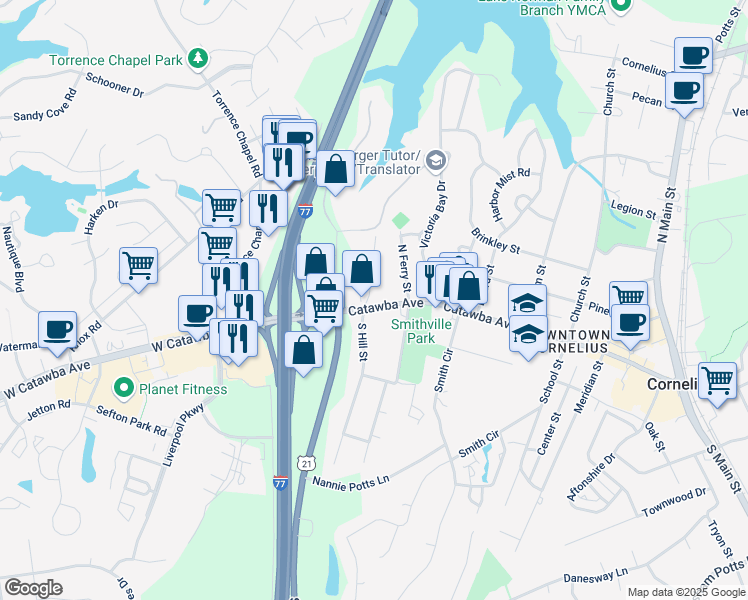 map of restaurants, bars, coffee shops, grocery stores, and more near 20701 Catawba Ave in Cornelius
