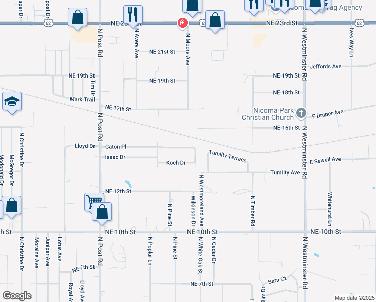 map of restaurants, bars, coffee shops, grocery stores, and more near 10412 Caton Place in Midwest City